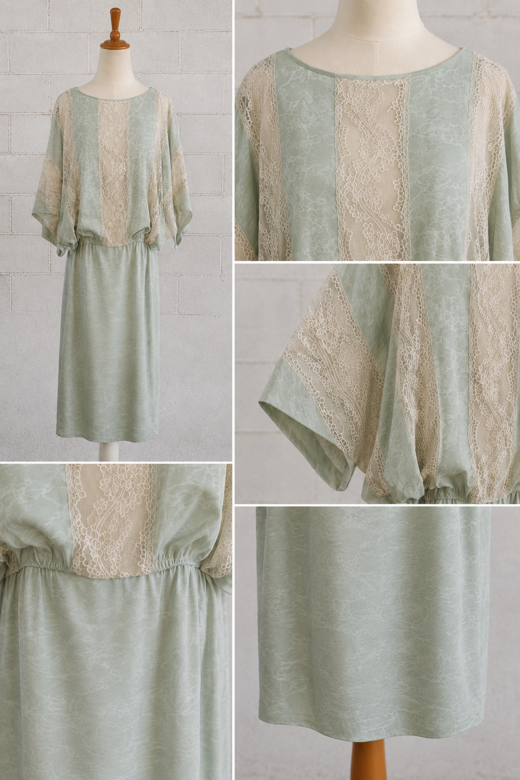 Vintage Pale Aqua Drop Waist Printed Silk Day Dress