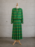 Saint Laurent Rive Gauche Green Floral Silk Blouse & Skirt Set
