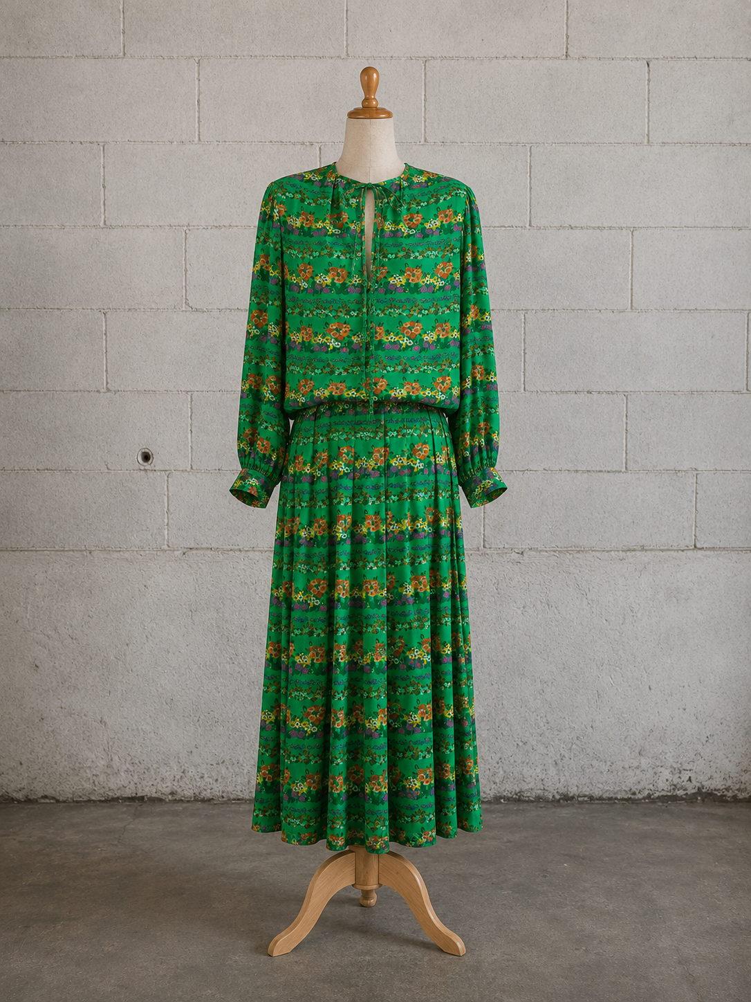Saint Laurent Rive Gauche Green Floral Silk Blouse & Skirt Set