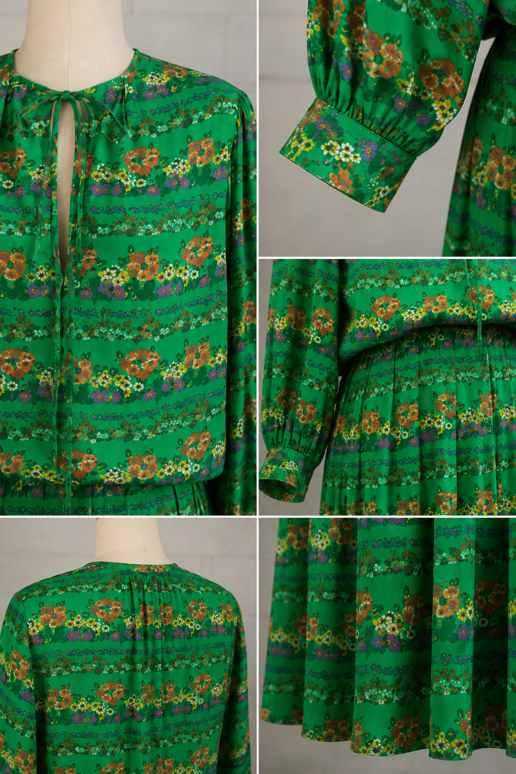 Saint Laurent Rive Gauche Green Floral Silk Blouse & Skirt Set