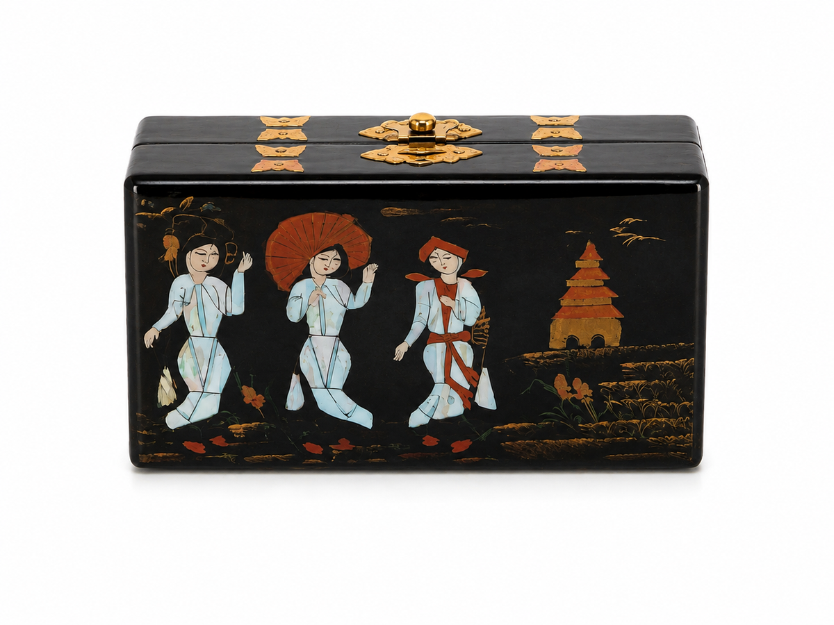 BOLSO DE MANO JAPONÉS EN MADERA LACADA — INCRUSTACIONES DE MADREPERLA (C. 1950–1960)