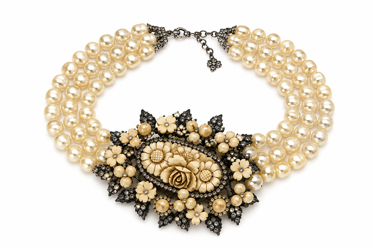 GARGANTILLA DE TRES HILERAS CON BROCHE FLORAL DE CELULOIDE — ESTILO VICTORIANO (C. 1930–1950)