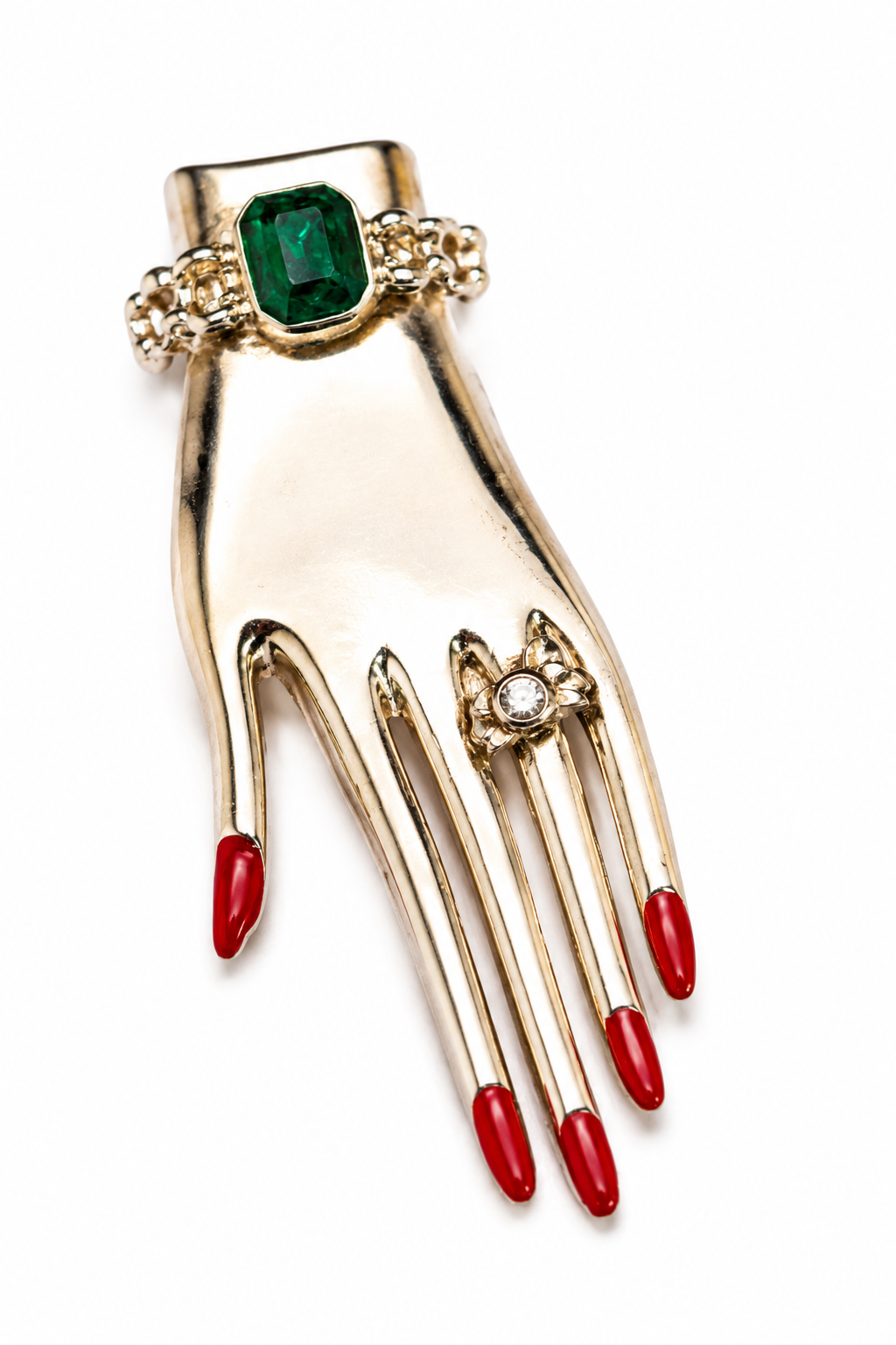 CORO — BROCHE “MANO” CON CRISTAL VERDE (C. 1940–1945)