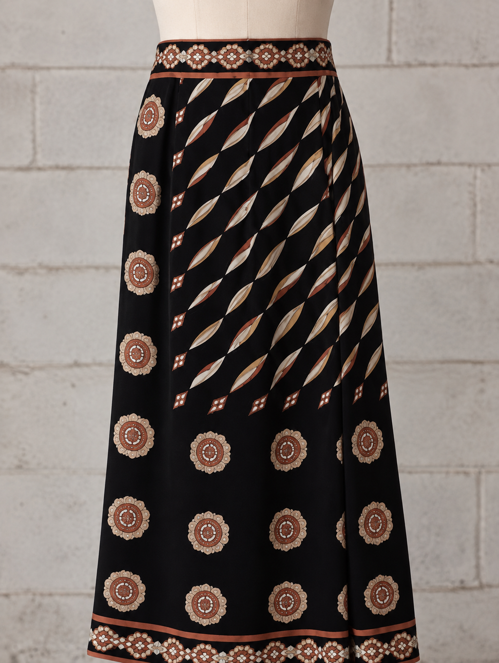 EMILIO PUCCI 1970s GEOMETRIC ORNAMENTAL PRINT MIDI SKIRT