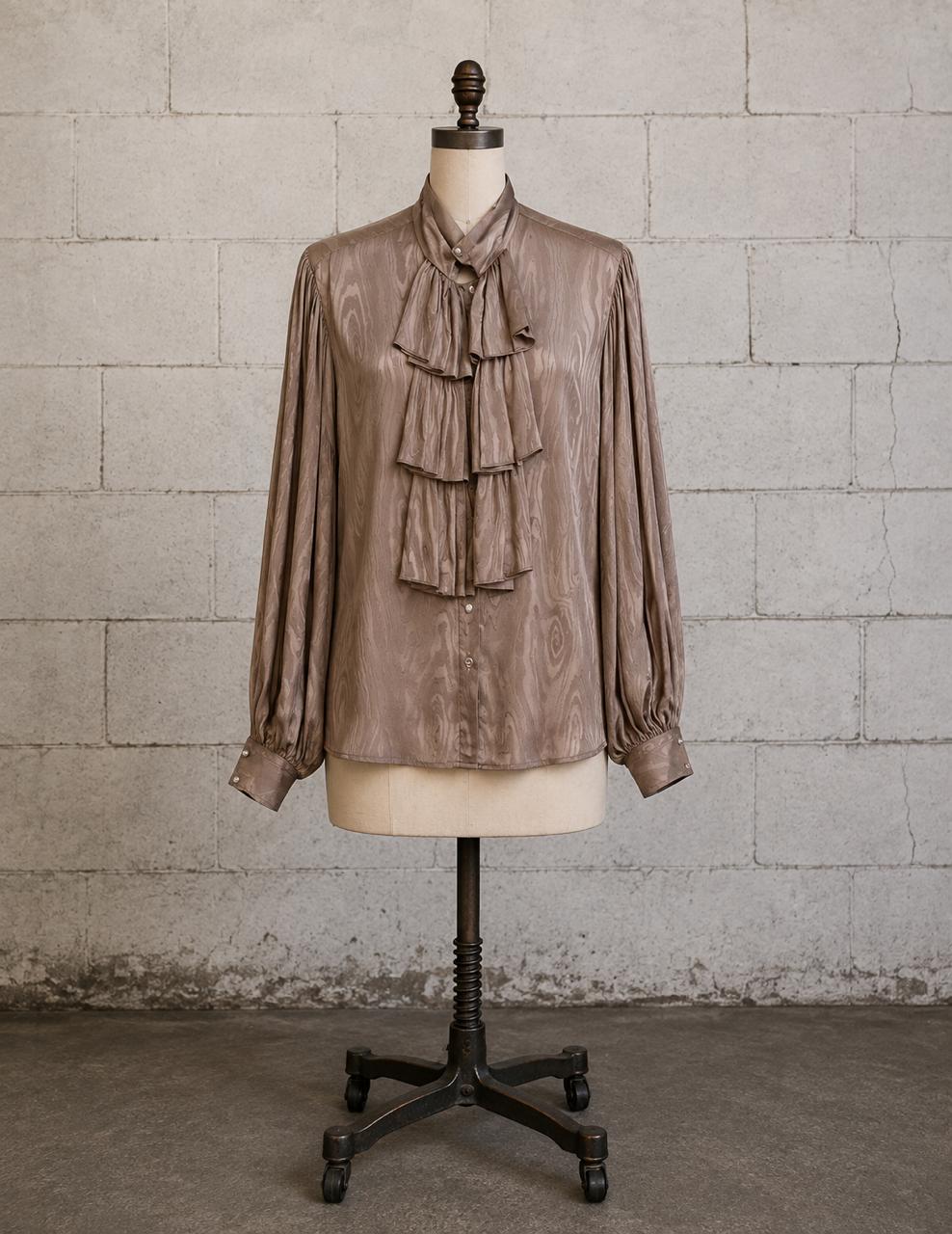 GUCCI 1960s TAUPE MOIRÉ SILK RUFFLE BLOUSE