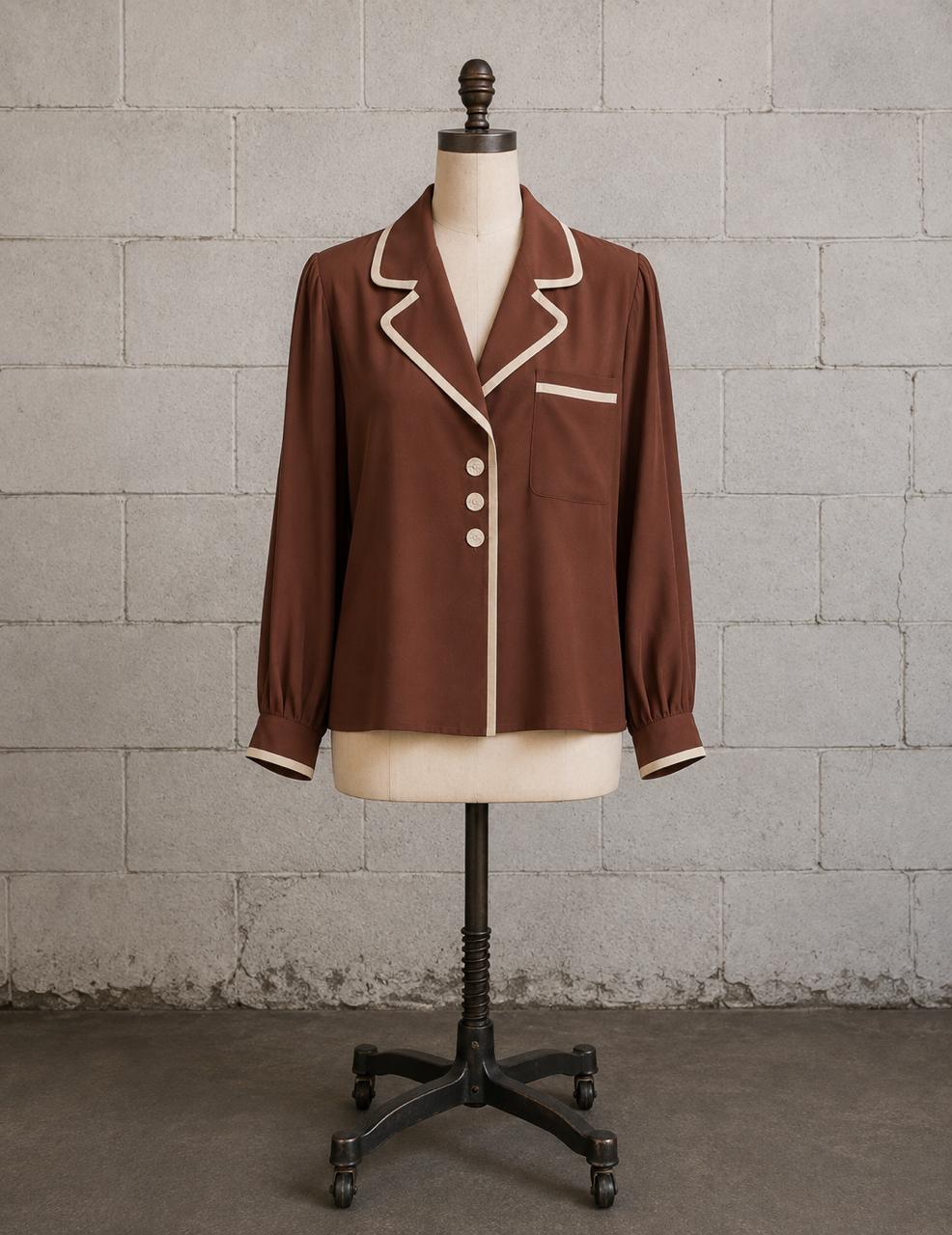 VALENTINO 1960s TOBACCO BROWN & CREAM TRIM BLOUSE