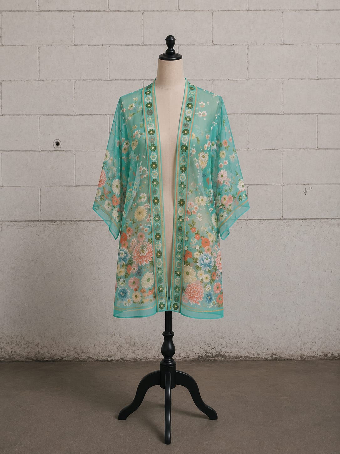 1970s TURQUOISE FLORAL SILK KIMONO